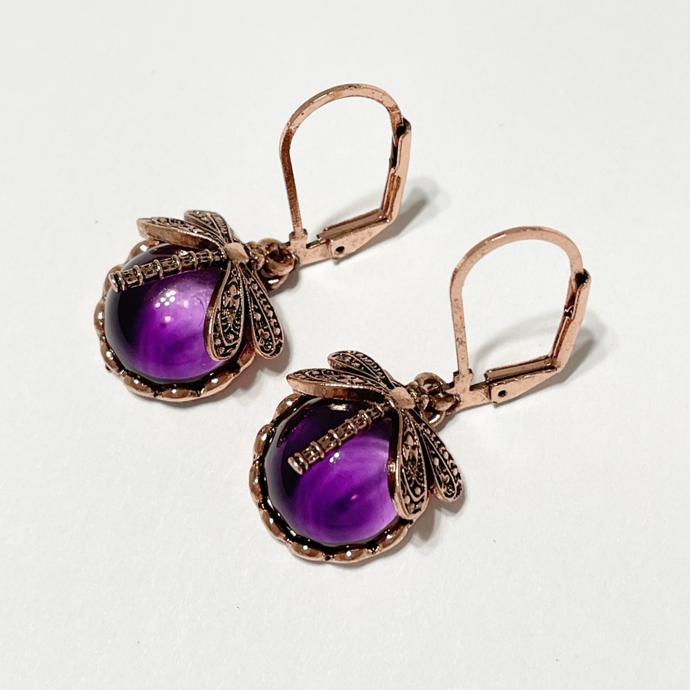 Rose Gold with Purple Dragonfly Earrings